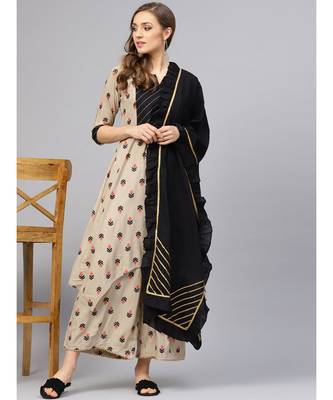 Beige Printed Kurta Set With Black Dupatta 1