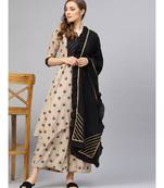Beige Printed Kurta Set With Black Dupatta