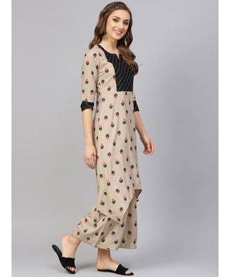 Beige Printed Kurta Set With Black Dupatta 5