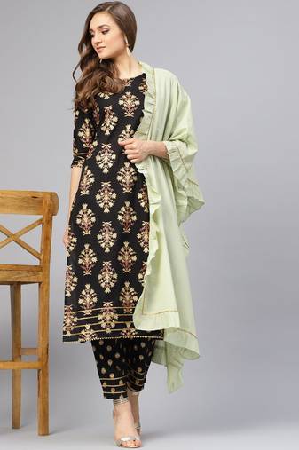 Black Printed Kurta Set With Sage Green Dupatta