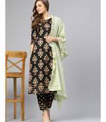 Black Printed Kurta Set With Sage Green Dupatta