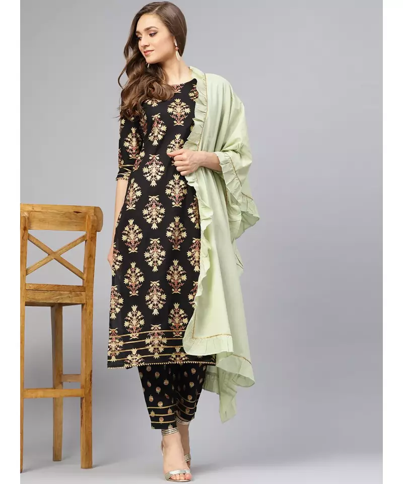 Black Printed Kurta Set With Sage Green Dupatta