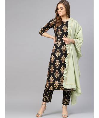 Black Printed Kurta Set With Sage Green Dupatta 5