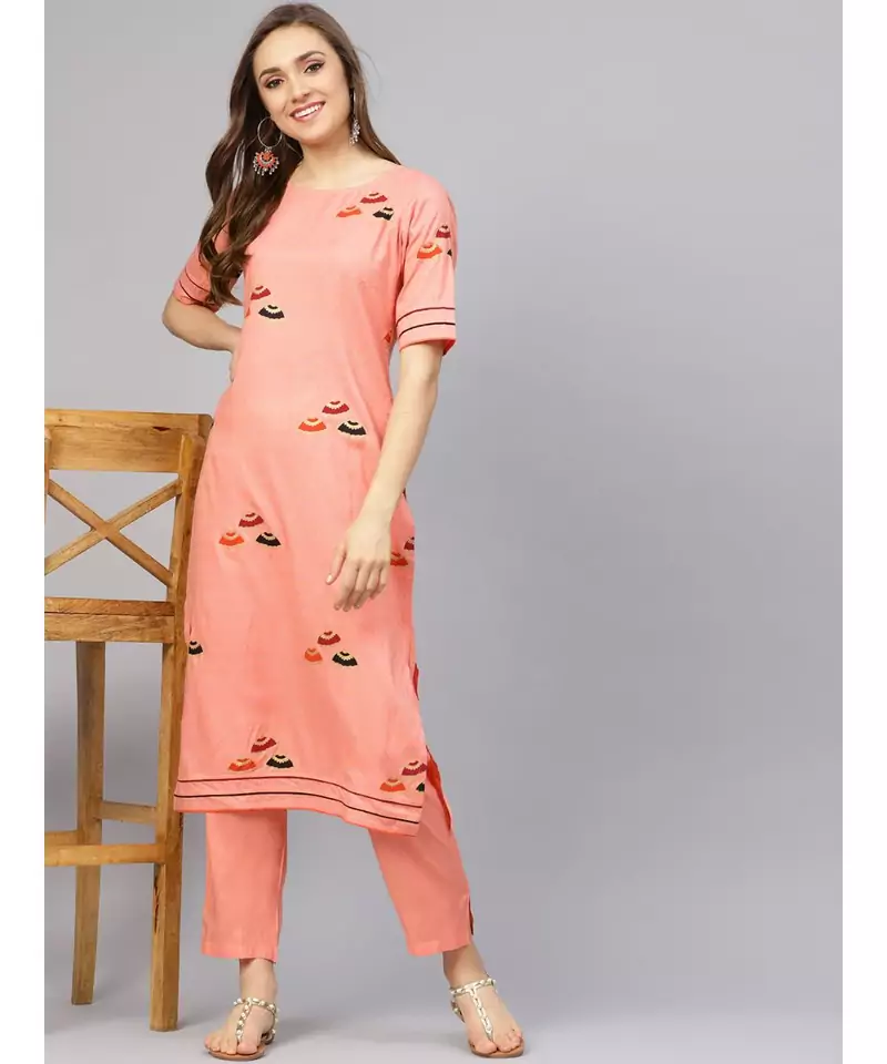 Peach Umbrella Print Kurta With Pants