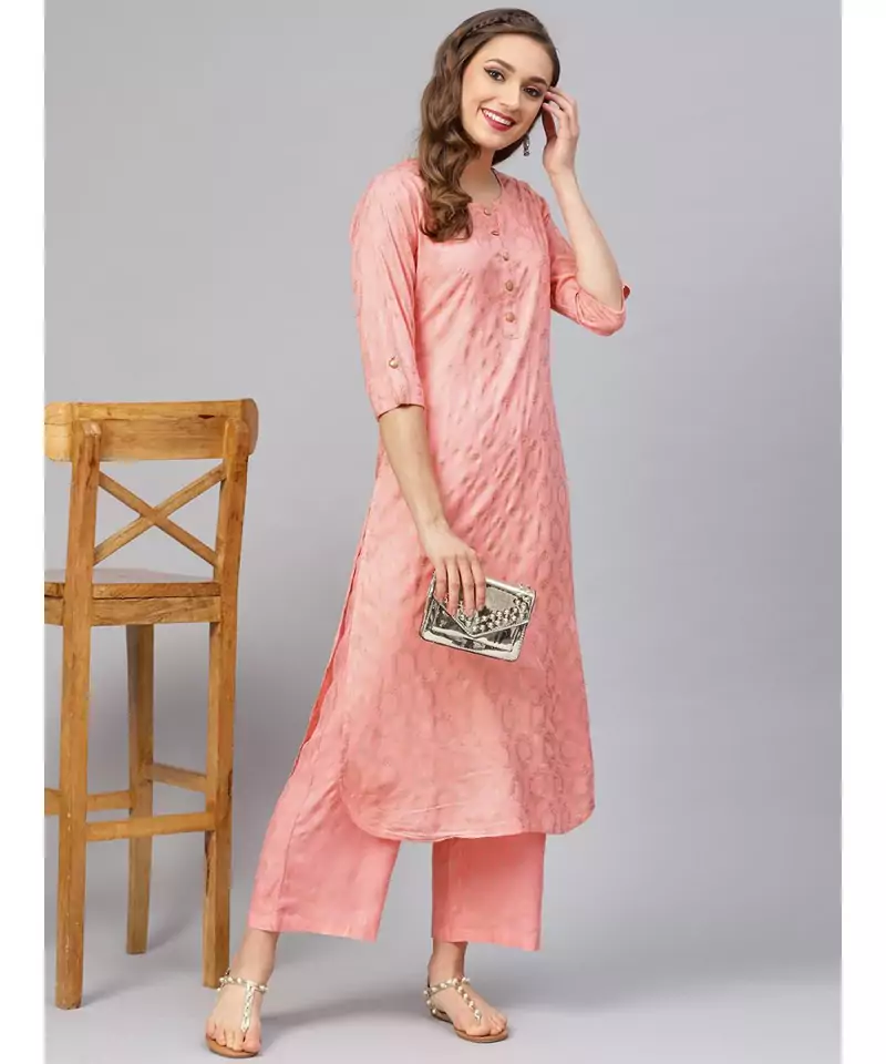 Peach Printed Kurta With Pants