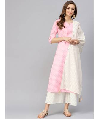 Khadi Gold Print Kurta Set With Dupatta 5