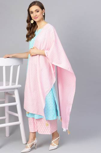 Khadi Gold Print Kurta Set With Dupatta
