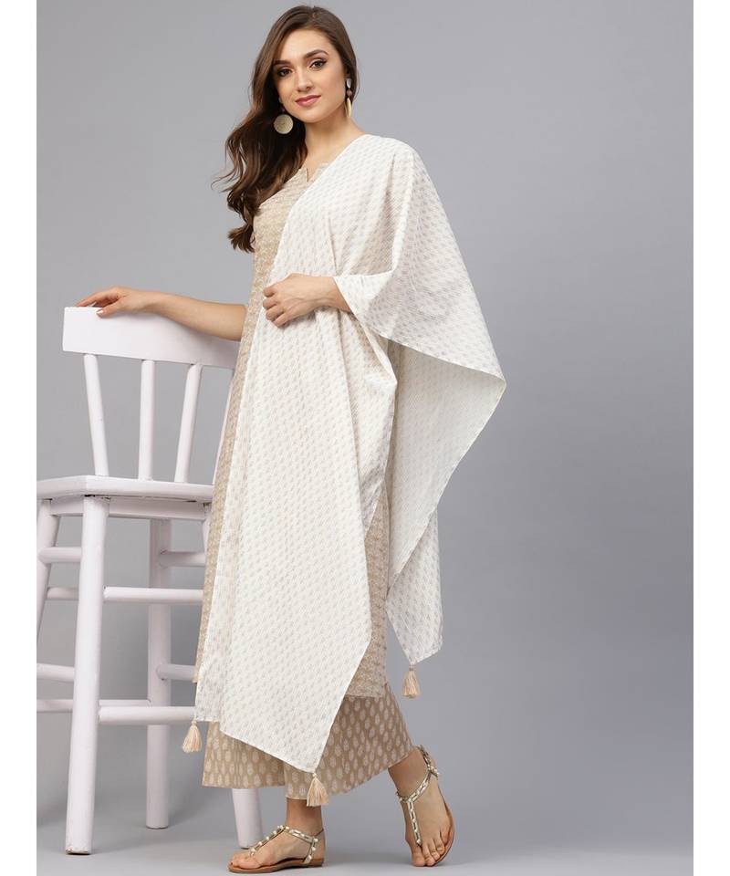 Khadi Gold Print Kurta Set With Dupatta