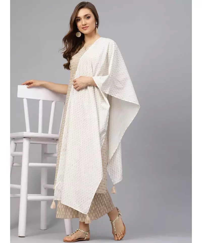 Khadi Gold Print Kurta Set With Dupatta