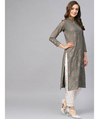 Grey Gold Print Kurta With Printed White Gold Pants 5