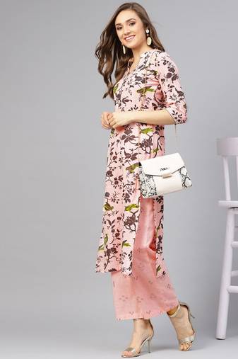 Grey Print Kurta With Baby Pink Printed Palazzo Pants