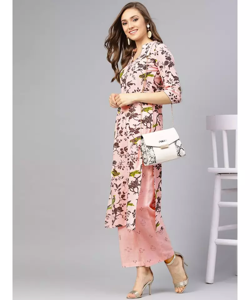 Grey Print Kurta With Baby Pink Printed Palazzo Pants