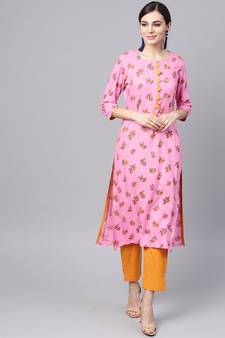 Pink Rayon Kurta With Mustard Cotton Pants
