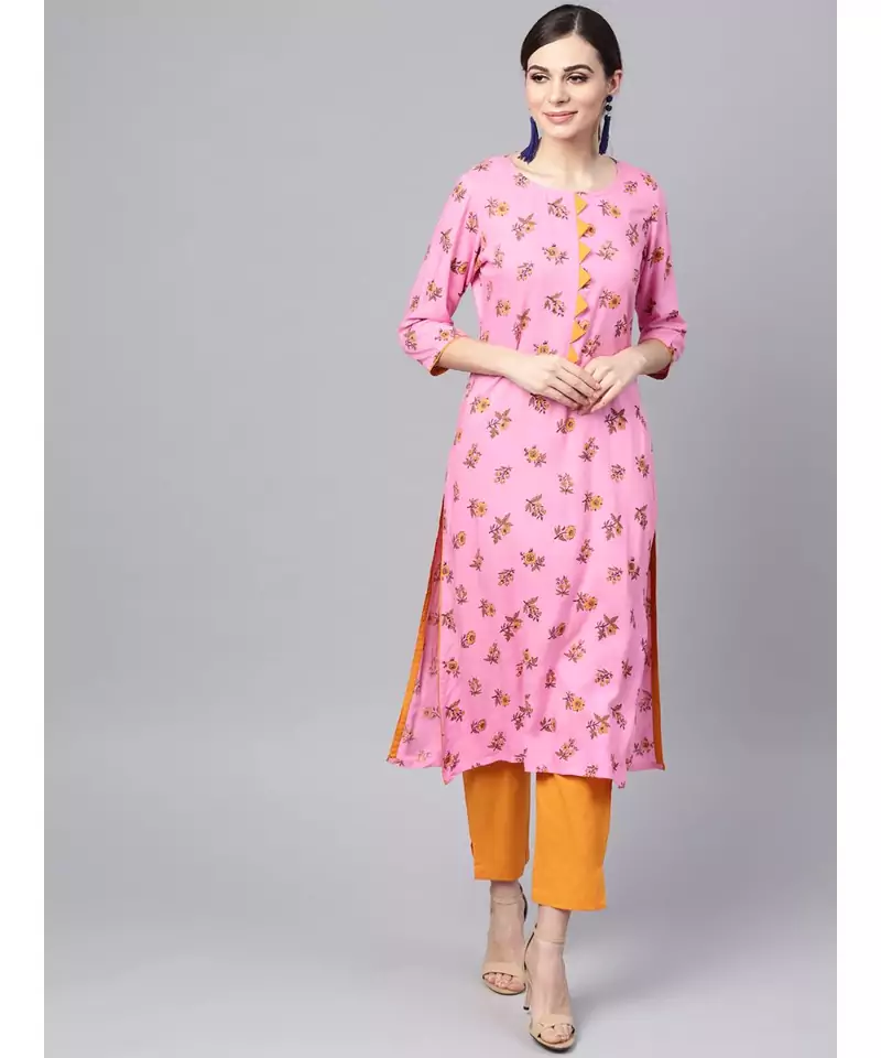 Pink Rayon Kurta With Mustard Cotton Pants