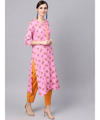 Pink Rayon Kurta With Mustard Cotton Pants 4