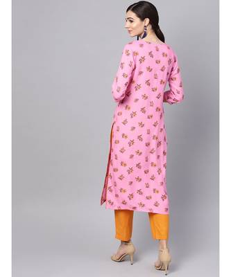 Pink Rayon Kurta With Mustard Cotton Pants 5