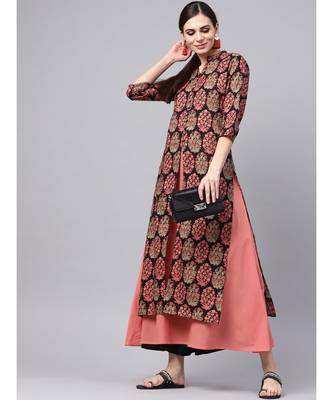 Floral Print Kurta With Salmon Solid Inner 1