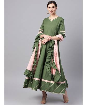 Mehandi Green Anarkali Kurta With Printed Frilled Dupatta 1