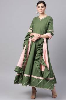 Mehandi Green Anarkali Kurta With Printed Frilled Dupatta