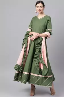 Mehandi Green Anarkali Kurta With Printed Frilled Dupatta