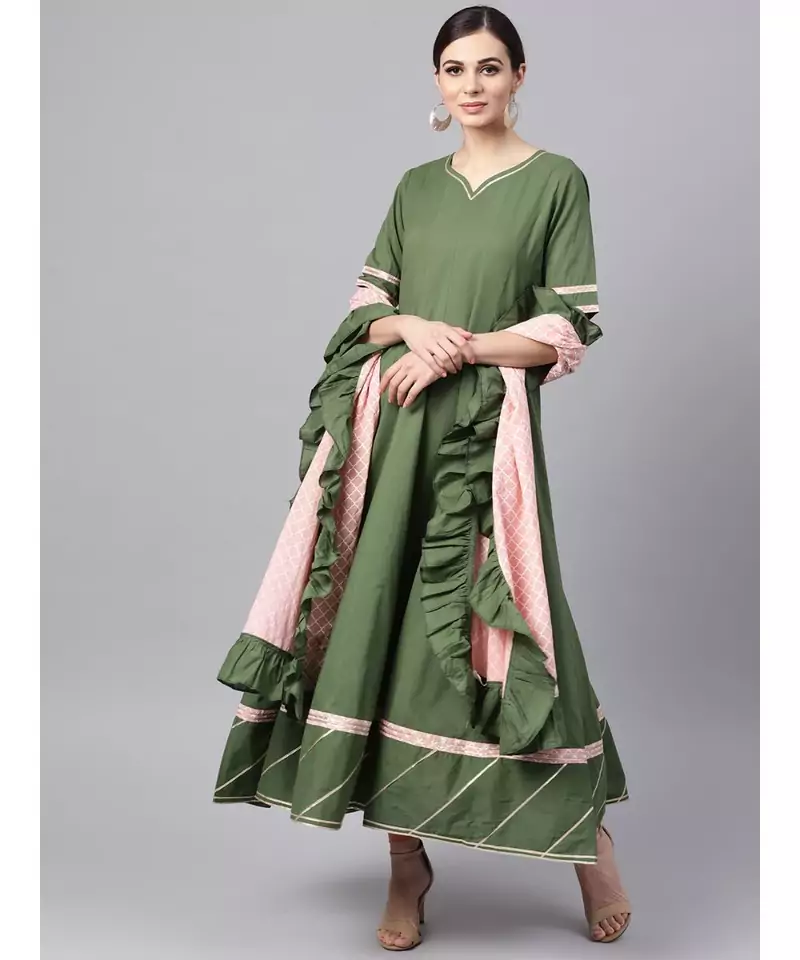 Mehandi Green Anarkali Kurta With Printed Frilled Dupatta