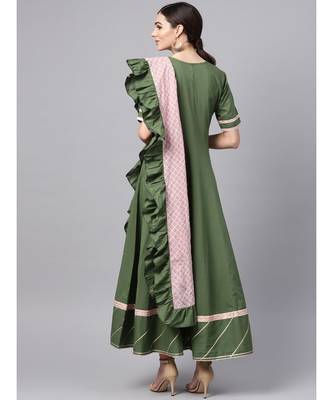 Mehandi Green Anarkali Kurta With Printed Frilled Dupatta 5