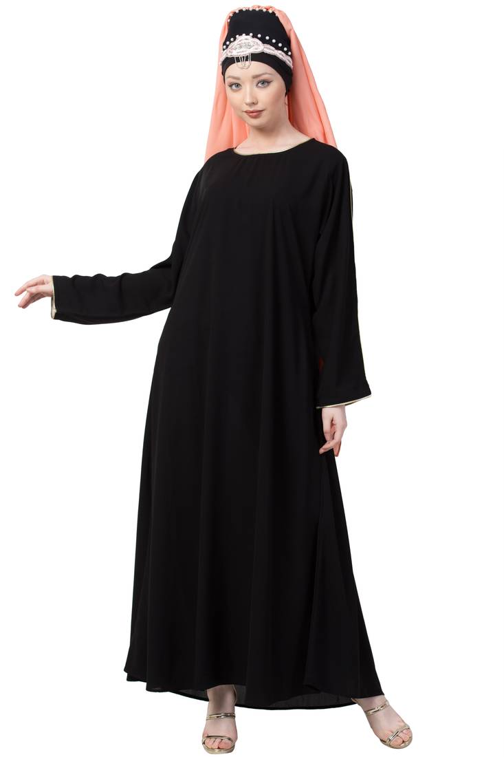 Black Plain Casual Abaya With Piping In Sleeves