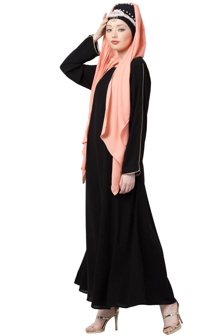 Black Plain Casual Abaya With Piping In Sleeves