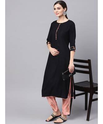 Black Rayon Kurta With Printed Pants 1