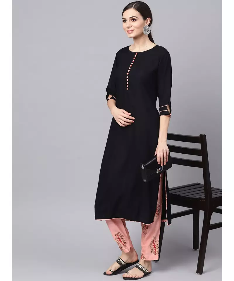 Black Rayon Kurta With Printed Pants