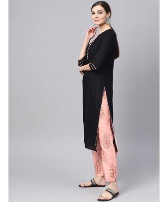Black Rayon Kurta With Printed Pants 5