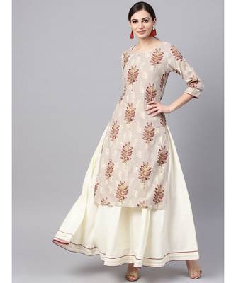 Floral Print Kurta With White Solid Skirt 1