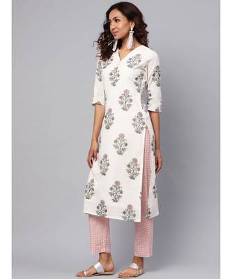 Mughal Boota Print Kurta With Printed Baby Pink Pants 4