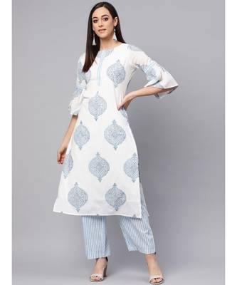 White Printed Kurta With Lining Printed Palazzo Pants 1