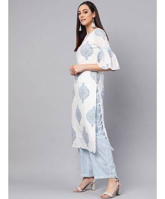 White Printed Kurta With Lining Printed Palazzo Pants 4