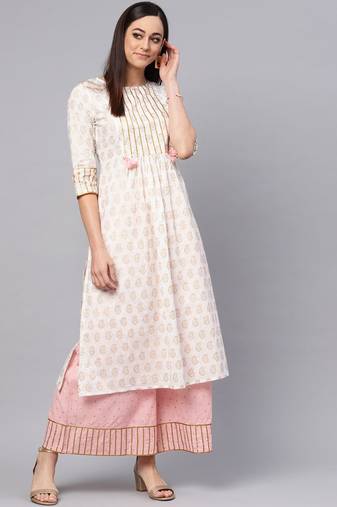 Gold Print Kurta With Baby Pink Printed Palazzo