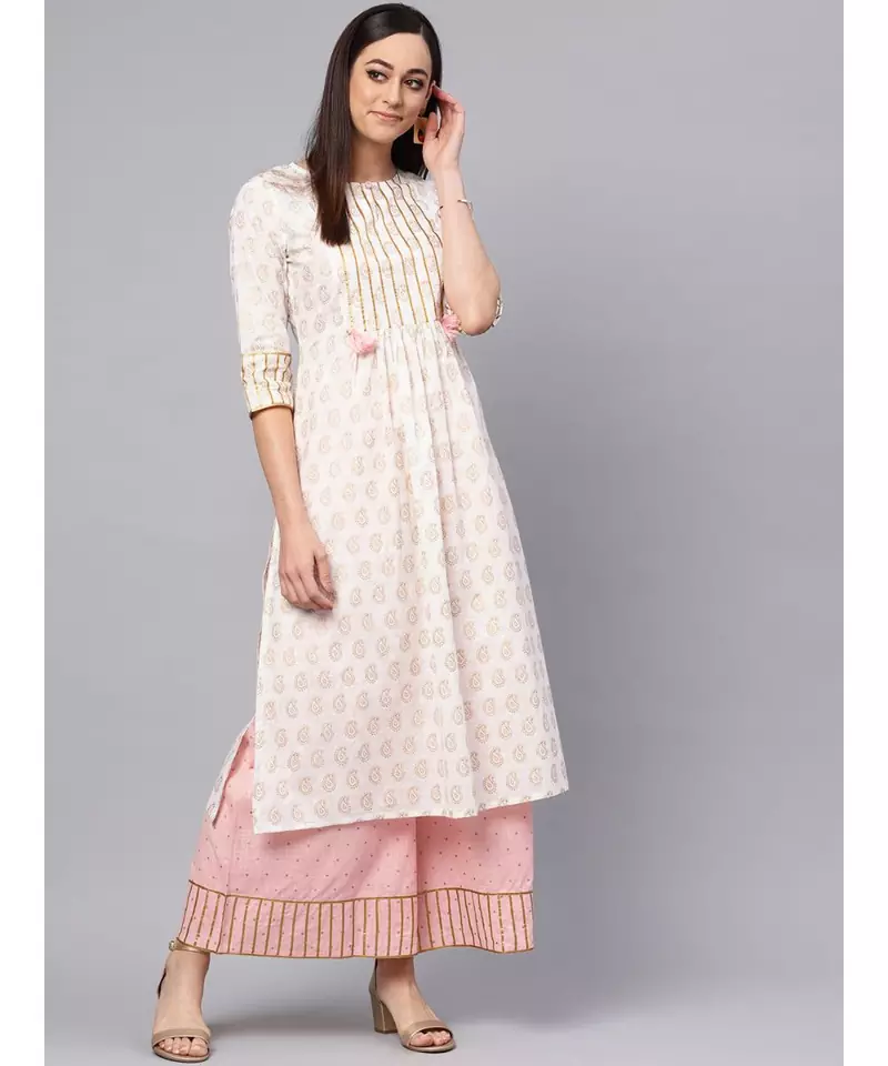 Gold Print Kurta With Baby Pink Printed Palazzo
