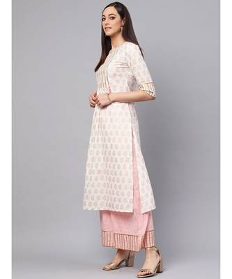 Gold Print Kurta With Baby Pink Printed Palazzo 4