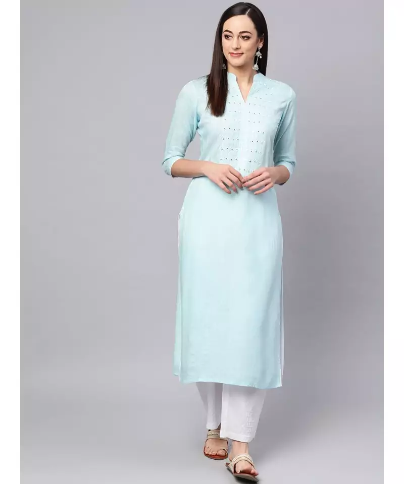 Sky Blue Embroidered Kurta With White Palazzo Pants