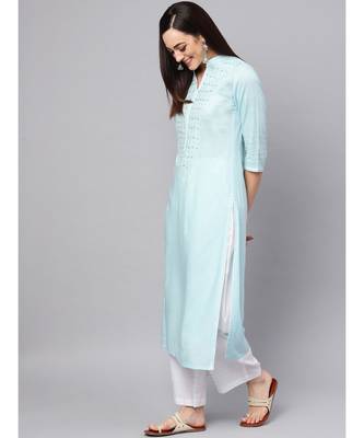 Sky Blue Embroidered Kurta With White Palazzo Pants 4