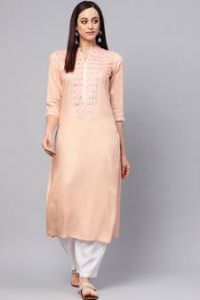 Cantaloupe Embroidered Kurta With White Palazzo Pants