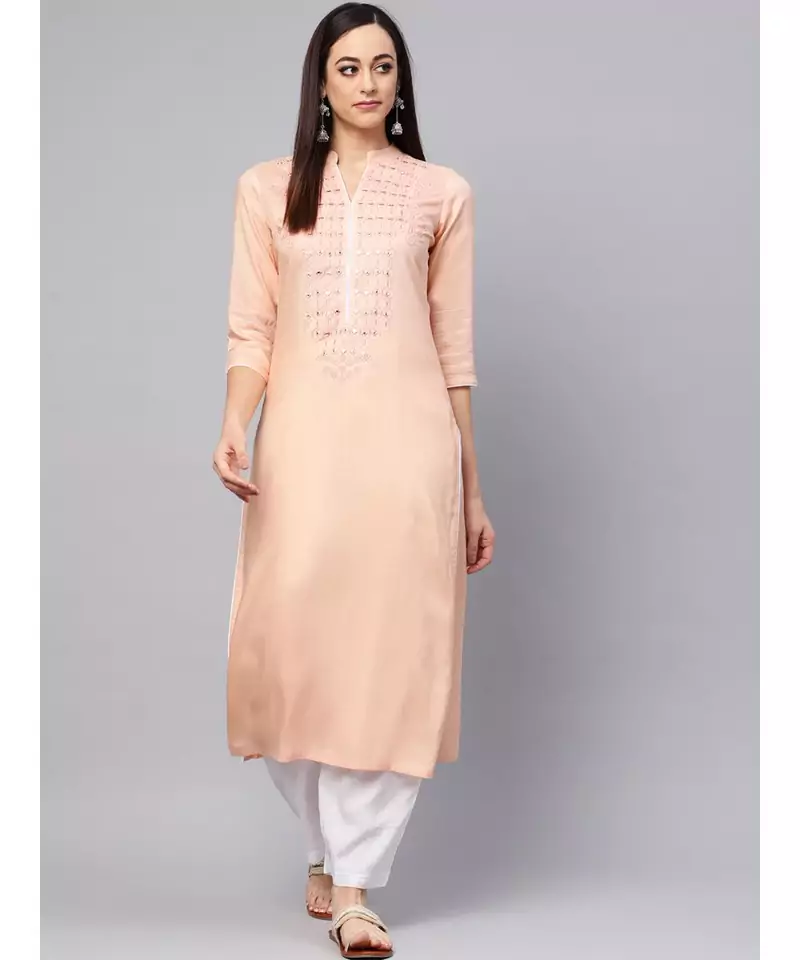 Cantaloupe Embroidered Kurta With White Palazzo Pants