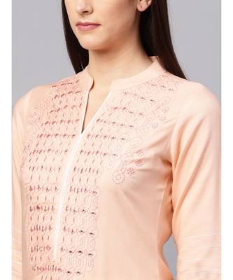 Cantaloupe Embroidered Kurta With White Pants Set 2