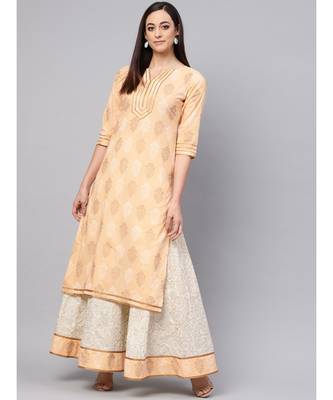 Saffron Printed Kurta With Gold Print Skirt 1