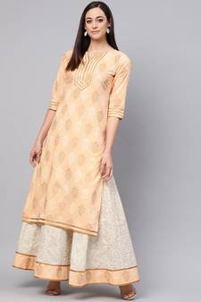 Saffron Printed Kurta With Gold Print Skirt