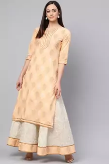 Saffron Printed Kurta With Gold Print Skirt