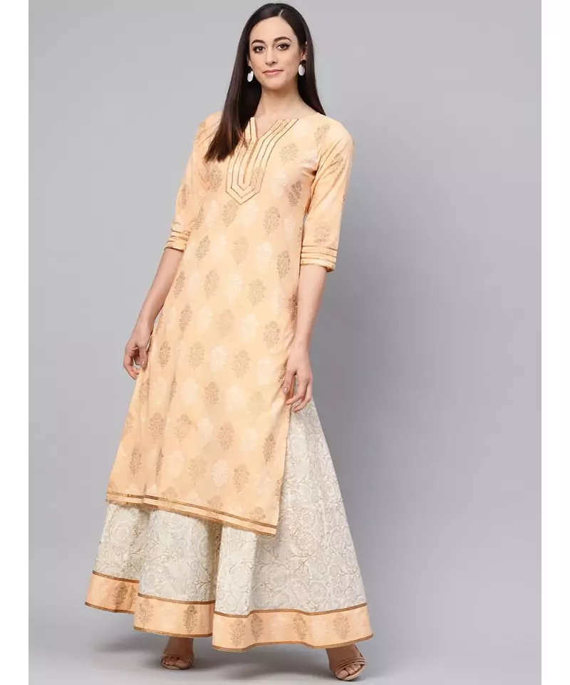 Saffron Printed Kurta With Gold Print Skirt