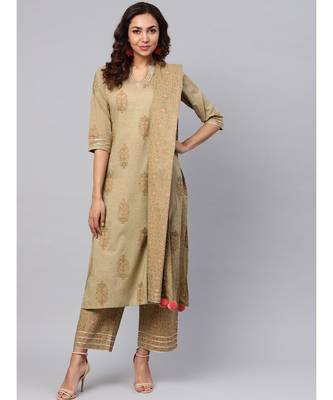 Gold Print Kurta With Printed Palazzo Pants And Dupatta 1