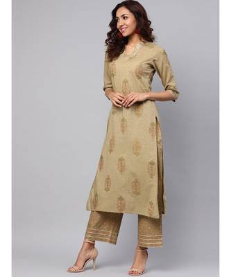 Gold Print Kurta With Printed Palazzo Pants And Dupatta 5
