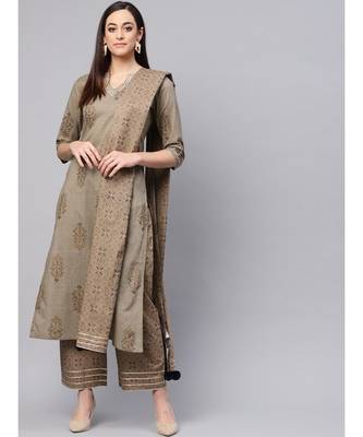 Gold Print Kurta With Printed Palazzo Pants And Dupatta 1